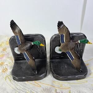 Vintage Metal Mallard Duck Bookends Set Flying Ducks Cabin Lodge Decor Read Desc
